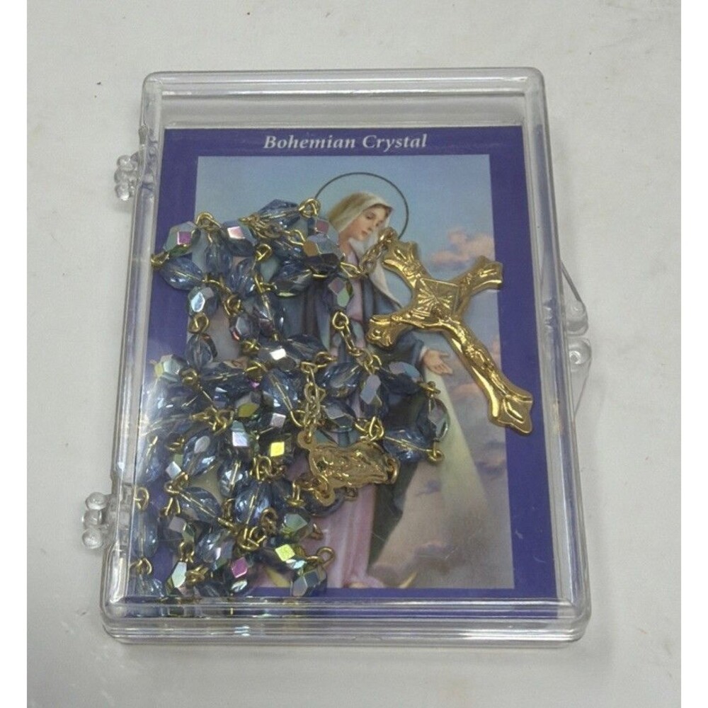 Light Blue Iridescent Bavarian Crystal ROSARY - GOLD FINISH Czech Republic Mary